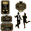 The Great 20's Cutouts are made of cardstock and printed on two sides with different designs. Sizes range in measurement from 10 1/2 inches to 16 inches. The cutouts are a black and gold color scheme. Contains six (6) pieces per package.