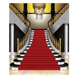 The Grand Staircase Insta-Mural Photo Op is made of plastic and measures 5 feet by 6 feet. Can be used both indoors and outdoors and is a complete wall decoration. Contains one (1) per package.