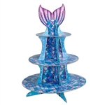 The Mermaid Cupcake Stand is made of cardstock and measures 16 inches tall. Features scales in varying shades of blue, green, and purple and is topped with a mermaid tail. Contains one (1) per package. Assembly required.