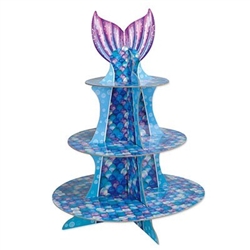 The Mermaid Cupcake Stand is made of cardstock and measures 16 inches tall. Features scales in varying shades of blue, green, and purple and is topped with a mermaid tail. Contains one (1) per package. Assembly required.