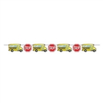 The School Bus Streamer is made of cardstock and printed on one side. It features alternating school bus and stop sign cutouts. Measures 8 feet long and 6 inches tall. Contains one (1) per package. Simple assembly required.