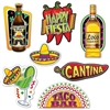 The Fiesta Cutouts are made of cardstock and printed on two sides with different designs. Sizes range from 9 3/4 in to 16 /4 in. Feature cutouts of a sombrero, tequila, chili pepper, margarita, taco bar sign, hot sauce, happy fiesta sign! 7 per package.