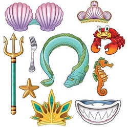 The Mermaid Photo Fun Signs are made of cardstock and printed on two sides with different designs. Includes cutouts of an eel, star, crabs, stars and so much more. Sizes range from 4 1/2 inches to 18 inches. Contains 10 pieces per package.