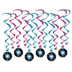 You'll be ready to rock around the clock with these great looking Rock & Roll Record Whirls!  The 12 piece package includes six 17.5" long whirls and six 34.5" long whirls with 45 RPM danglers.  Records are printed both sides on high quality cardstock.