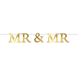 Celebrate a wedding or anniversary in style with this classic Mr & Mr Foil Streamer.  The package contain 5 pieces plus a 12ft long white ribbon to make hanging easy.  Simple assembly required.  "MR" letters are 9.75" tall, "&" is 7.5" tall.