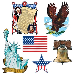 Whether your celebrating a patriotic holiday or decorating a classroom, these Patriotic Cutouts are sure to add interest to your decor.  Printed both sides on high quality cardstock, each package contains 6 pieces measuring from 8" to 18" tall.