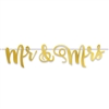 Add a golden accent to the reception to make memories that will be golden for the rest of their lives.  This striking 5' long by 9.75" tall Mr and Mrs Foil Streamer will look fantastic hanging behind the bride and groom table.  Simple assembly required.
