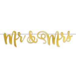 Add a golden accent to the reception to make memories that will be golden for the rest of their lives.  This striking 5' long by 9.75" tall Mr and Mrs Foil Streamer will look fantastic hanging behind the bride and groom table.  Simple assembly required.