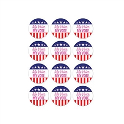 My Voice. My Vote. Stickers feature 1.25 inch self adhesive round stickers printed with a stars & stripes design and the phrase "My Voice. MY VOTE" in pink lettering. 24 stickers. Perfect for polling places, rallies, and other political events.