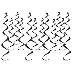 Add kinetic interest to your next party with these classic Metallic Whirls in Black.  Each package contains 12 pieces, four 25" long and eight 17.5" long. Easy to hang with attached plastic hook.