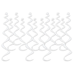 Add kinetic interest to your next party with these classic Metallic Whirls in White.  Each package contains 12 pieces, four 25" long and eight 17.5" long. Easy to hang with attached plastic hook.