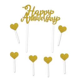 Celebrate a happy milestone with the guests of honor by adding this Gold Happy Anniversary Cake Topper.  Each package comes with one 6" x 7.75" topper and six 1.25" hearts.  <br/>Food safe and a great way to show you care.