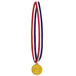 Honor your participants with this classic gold medal on a red, white and blue ribbon.  The molded plastic medal is 2 inches in diameter and hung from a 30 inch ribbon.