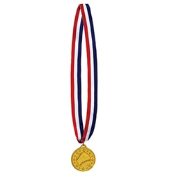 Honor your participants with this classic gold medal on a red, white and blue ribbon.  The molded plastic medal is 2 inches in diameter and hung from a 30 inch ribbon.