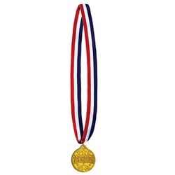 Honor your participants with this classic gold medal on a red, white and blue ribbon.  The molded plastic medal is 2 inches in diameter and hung from a 30 inch ribbon.