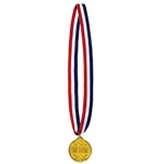 Honor your participants with this classic gold medal on a red, white and blue ribbon.  The molded plastic medal is 2 inches in diameter and hung from a 30 inch ribbon.