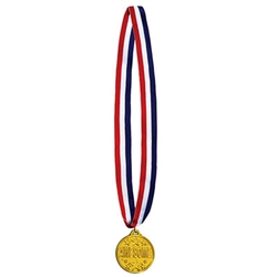 Honor your participants with this classic gold medal on a red, white and blue ribbon.  The molded plastic medal is 2 inches in diameter and hung from a 30 inch ribbon.