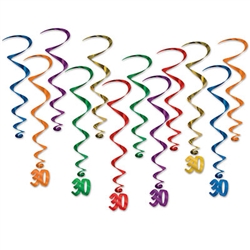 Multi colored whirls come 12 to a pack. There are six 17.5 inch whirls and six 32 inch whirls with "30" danglers attached. Completely assembled and easy to hang with the attached hook!