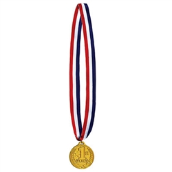 Honor your participants with this classic gold medal on a red, white and blue ribbon.  The molded plastic medal is 2 inches in diameter and hung from a 30 inch ribbon.