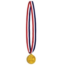 Honor your participants with this classic gold medal on a red, white and blue ribbon.  The molded plastic medal is 2 inches in diameter and hung from a 30 inch ribbon.