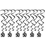 50 Whirls - Add a strikingly bold touch of class to your birthday celebration with these Black 50th Birthday Whirls. Each package comes with 12 whirls. Six are 17.5" long basic whirls, six are 32" long whirls with 6.5" tall black number danglers.