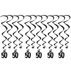 50 Whirls - Add a strikingly bold touch of class to your birthday celebration with these Black 50th Birthday Whirls. Each package comes with 12 whirls. Six are 17.5" long basic whirls, six are 32" long whirls with 6.5" tall black number danglers.