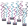 Get your 80's retro theme party decorations just right with these fun, colorful Cassette Tape Whirls.  Each package includes six 17.5" whirls and six 31" long whirls with cassette danglers.