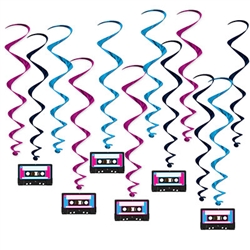 Get your 80's retro theme party decorations just right with these fun, colorful Cassette Tape Whirls.  Each package includes six 17.5" whirls and six 31" long whirls with cassette danglers.