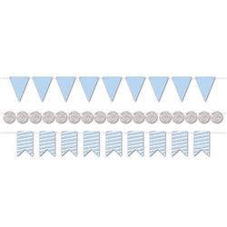 With this classy Mini Streamer Kit in Blue and Silver you'll be able to create three 6' streamers.  An easy and stylish way to finish off your party decorations!  Each package comes with nine 6" triangles, nine 5.5" ribbon end & 17 2.25" diameter circles.
