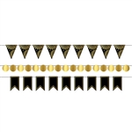 Looking for a stylish and fun accent for your party decorations?   This Black and Gold Foil Mini Streamer Kit may be just what you need.  Package includes triangle, round and ribbon-end shapes to make three 6ft streamers.