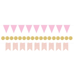 With this classy Mini Streamer Kit in Pink & Gold you'll be able to create three 6' streamers.  An easy and stylish way to finish off your party decorations!  Each package comes with nine 6" triangles, nine 5.5" ribbon end and 17 2.25" diameter circles.