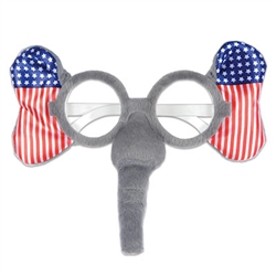 There will be no doubt which side of the aisle you're on with these Patriotic Elephant Glasses!  Perfect for rallies, election headquarters, results watch parties and victory celebrations.  One size fits most., these novelty glasses measure 8" ear  to ear
