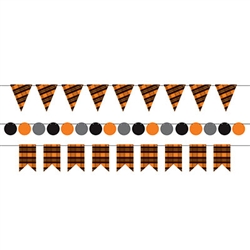 Looking for a stylish and classy accent for your party decorations? This Black and Orange Plaid Mini Streamer Kit may be just what you need.
Package includes triangle, round and ribbon-end shapes to make three 6ft streamers.