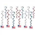 Celebrate America with these classic patriotic American Flag Whirls!  They're perfect for patriotic themed parties, events, election headquarters and election watch parties. The package comes with 12 metallic whirls in red, silver and blue as shown.