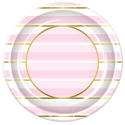 Add class and color to your celebration with these Striped Plates in Pink, White and Gold. Each package contains 8  nine inch diameter plates. Please Note: Plates are not microwave safe.