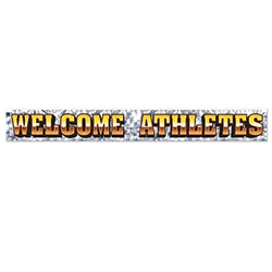 Whether your hosting a sports themed party or organizing an athletic competition; you'll want to add this 5 foot long Welcome Athletes metallic fringe banner to your set-up.  Eye catching, bright and kinetic this colorful banner sets just the right theme.