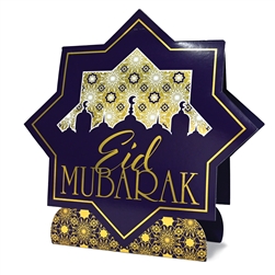 Complete your suhur or iftar table settings with this striking 3-D Foiled centerpiece.  11 inches tall by 11 inches wide, the base opens to 2 inches.  Printed both sides on highest quality cardstock.  No assembly required, reusable with care.