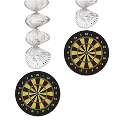Add motion, color, and sparkle and shine to your dart or British themed party with these Dartboard Danglers.  Sold two per package they're completely assembled and easy to hang.  Foil dangler measure 30 inches when extended, dartboard are 5 inch diam.