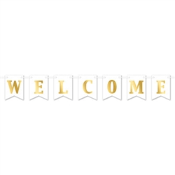Welcome your guests or loved ones in style with classic Foil Welcome Streamer.  Easy to hang with the included 7 feet of ribbon.  The letter cards are 4 1/2 inches wide by 6 inches tall with gold foil lettering.  Some simple assembly required.