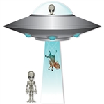 Take your space themed party out of this world with this Jumbo Flying Saucer Cutout Set!  It includes everything you need for an alien abduction including: 1 - 39 inch Flying Saucer, 1 - 36.75 inch Tractor Beam, 2 - 12.5 inch tall aliens.