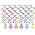 Get your 60's themed party in the groove with these colorful Peace Sign Whirls.  It's easy to add eye-catching color, motion and interest with these vibrant whirls.  Package includes 6 17 1/2 inch plain whirls and 6 32" whirls with Peace Sign danglers.