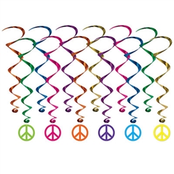 Get your 60's themed party in the groove with these colorful Peace Sign Whirls.  It's easy to add eye-catching color, motion and interest with these vibrant whirls.  Package includes 6 17 1/2 inch plain whirls and 6 32" whirls with Peace Sign danglers.