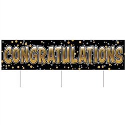 Say congratulations in a big way with this All Weather Jumbo Congrats Yard Sign.  Made of corrugated plastic, includes 3 15 inch long spikes for mounting in the yard.