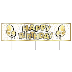 Let the neighborhood know there a birthday happening with this All Weather Jumbo Happy Birthday Yard Sign. Made of corrugated plastic, includes three 15 inch long spikes for mounting in the yard. Measures 47 inches wide and 11 3/4 inches tall.