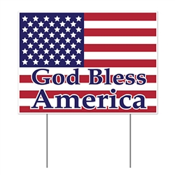 Proud to live in the U.S.A.?  Show your pride with this All Weather God Bless America Yard Sign.  This 11.5 inch by 15.5 inch classic patriotic yard sign is made of plastic and will stand up to the weather.  Included 15 inch long metal mounting stakes.