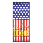 The Welcome Home Door Cover is made of all-weather plastic and measures 30 inches wide and 6 feet tall. It is for indoor and outdoor use and is printed on one side. Contains one per package.