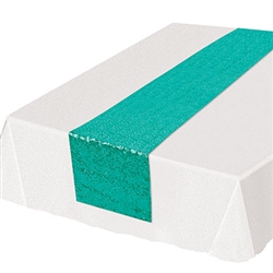 Add the colorful, classy and refining touch to your table tops with  this Sequined Table Runner in turquoise.Guaranteed to add the touch of fun and excitement you're party deserves. Each runner is 11.25 inches wide by 6.25 feet long. Sold one per package.
