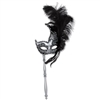 Silver and Black Glitter Feather Mask w/ Stick