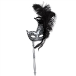 Silver and Black Glitter Feather Mask w/ Stick