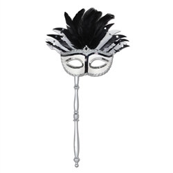 Black and White Feather Mask w/Stick